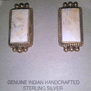 White Buffalo Turquoise and SS Signed Earrings